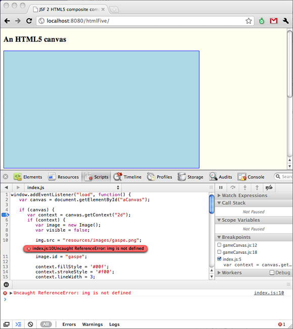 Screen shot of the JavaScript debugger that comes with Google Chrome's built-in Developer Tools