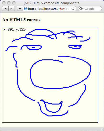 Screen shot of browser displaying blue cartoon face created with a paint application that uses an HTML5 canvas
